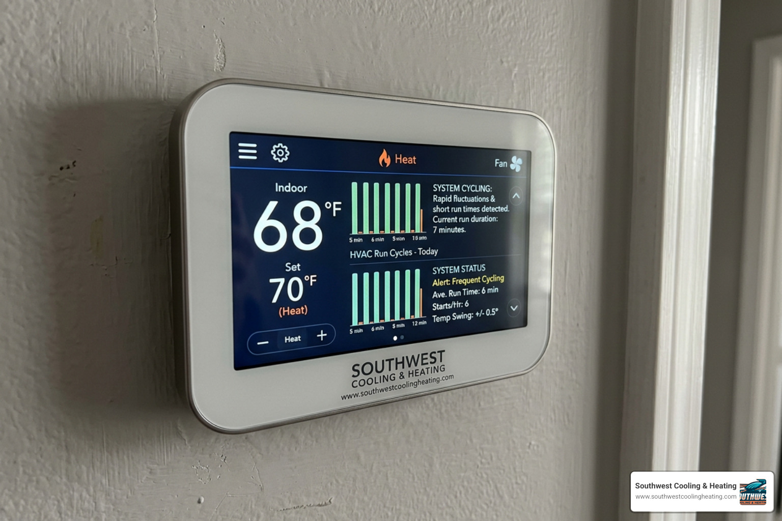 Thermostat showing rapid temperature swings and short runtimes indicating an oversized HVAC system Thermostat showing rapid temperature swings and short runtimes indicating an oversized HVAC system