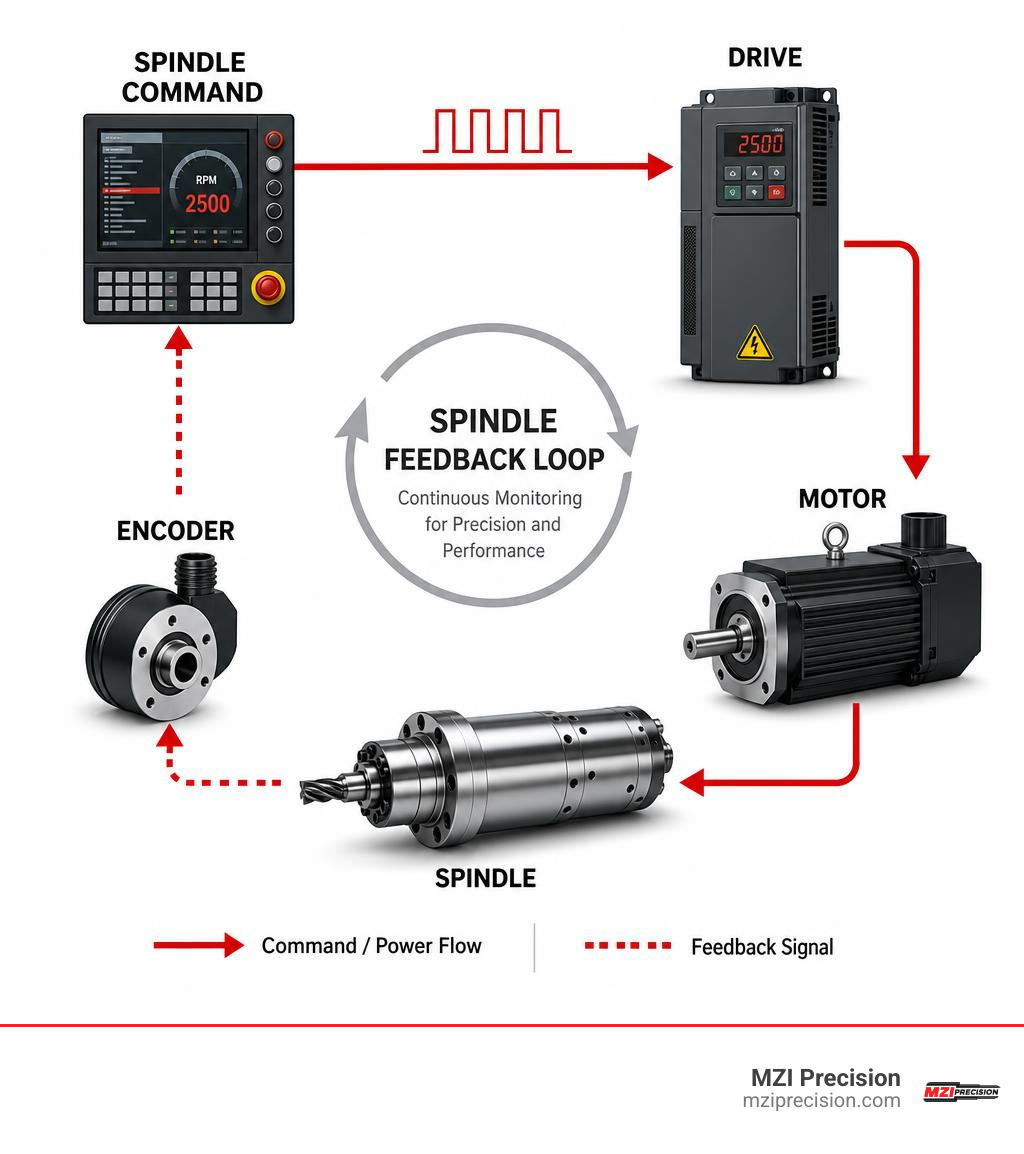 Spindle command, drive, motor, encoder, and spindle feedback loop diagram infographic Spindle command, drive, motor, encoder, and spindle feedback loop diagram infographic
