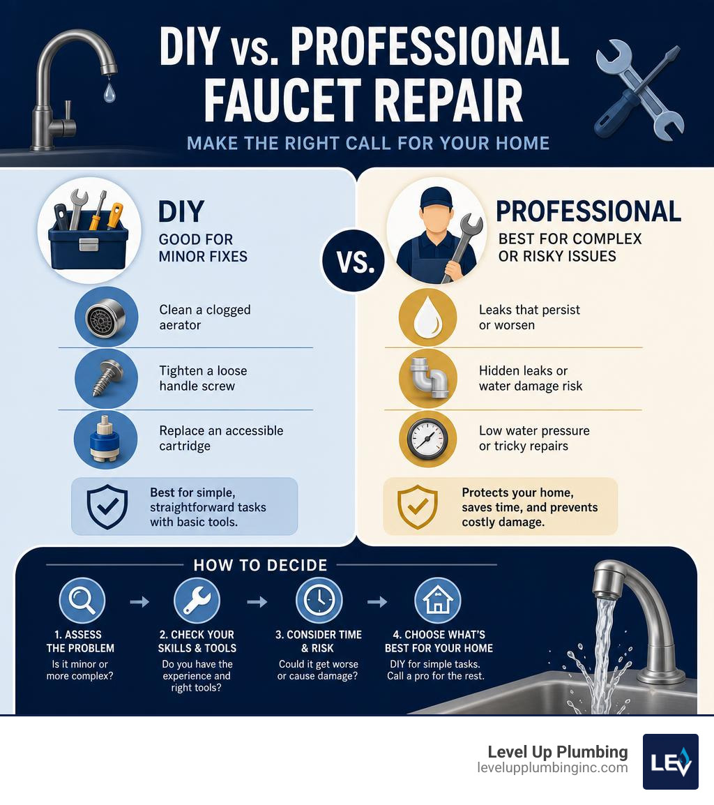 DIY vs professional faucet repair decisions infographic