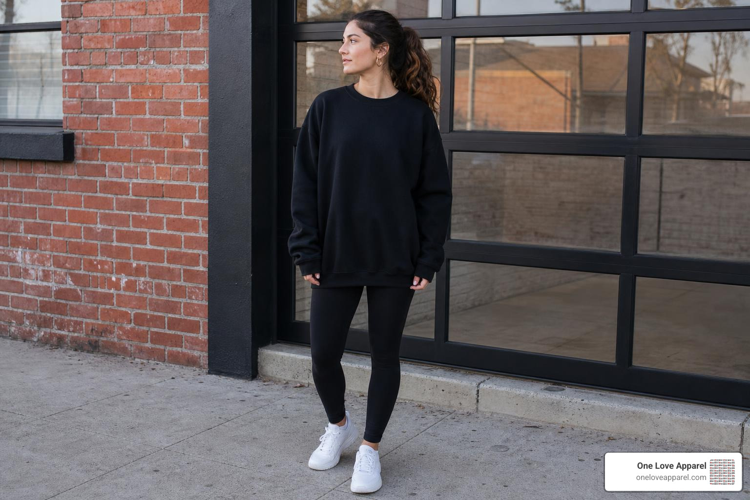 Oversized black sweatshirt styled with leggings and clean sneakers