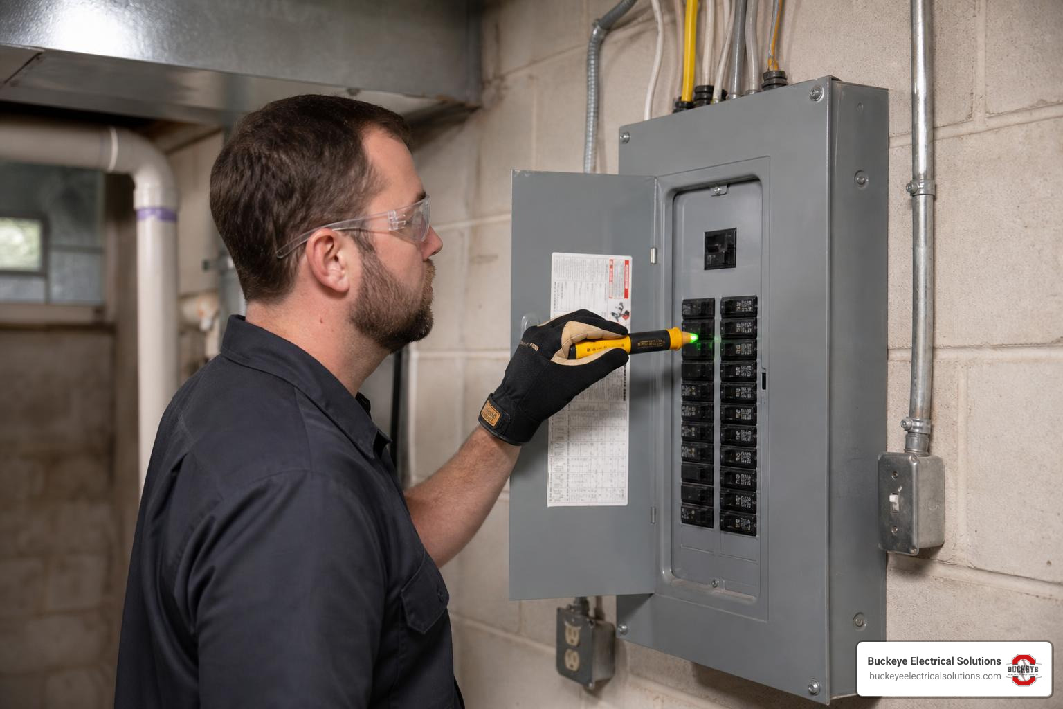 Electrician safely isolating power before replacing cylinder thermostat
