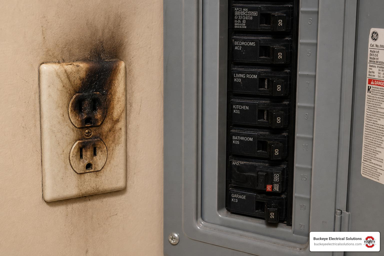 Scorched outlet cover and tripped breaker in Ohio home electrical emergency