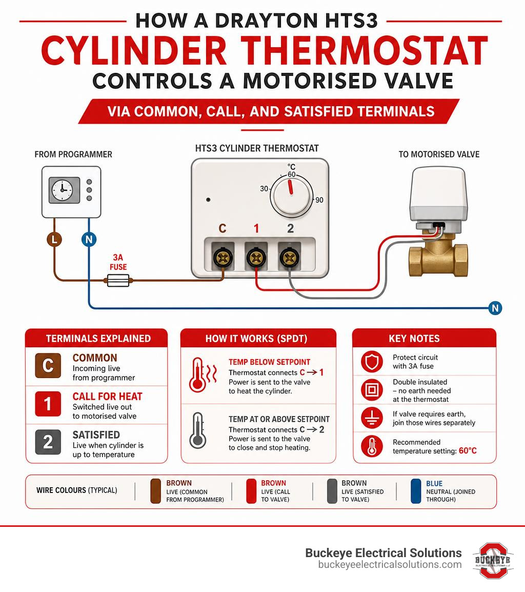 Infographic: how a Drayton HTS3 cylinder thermostat controls a motorised valve via Common, Call, and Satisfied terminals