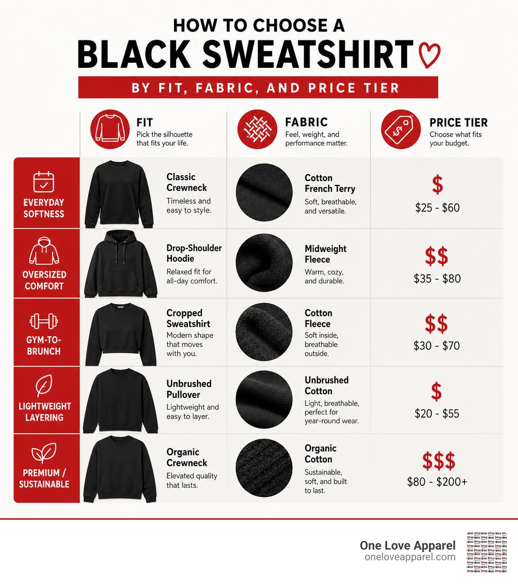 Infographic: How to choose a black sweatshirt by fit, fabric, and price tier infographic