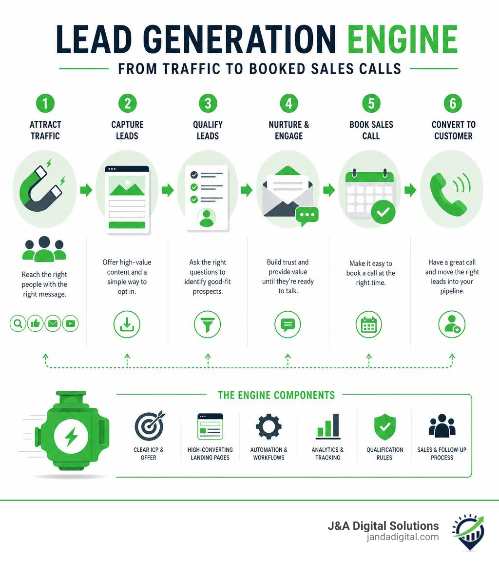 Lead generation engine from traffic to booked sales calls - key stages and components infographic