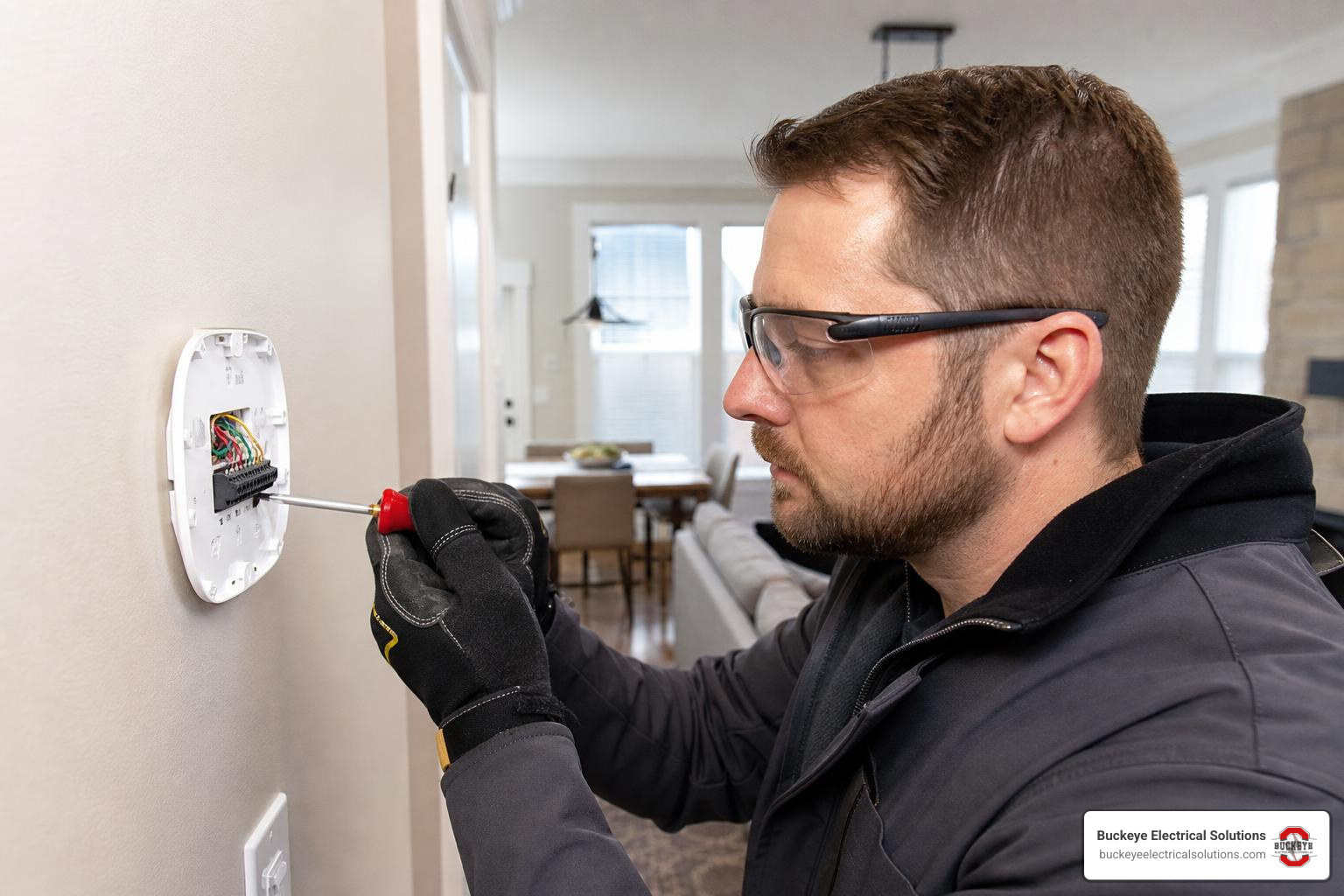 technician inspecting smart thermostat wiring terminals in clean Ohio home