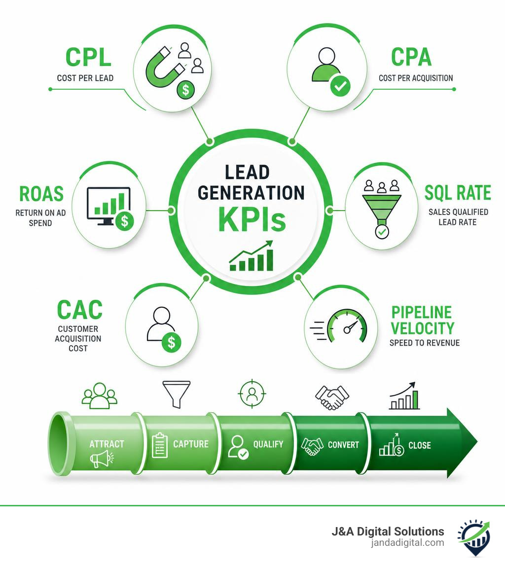 Lead generation KPI infographic with CPL CPA SQL rate ROAS CAC and pipeline velocity infographic