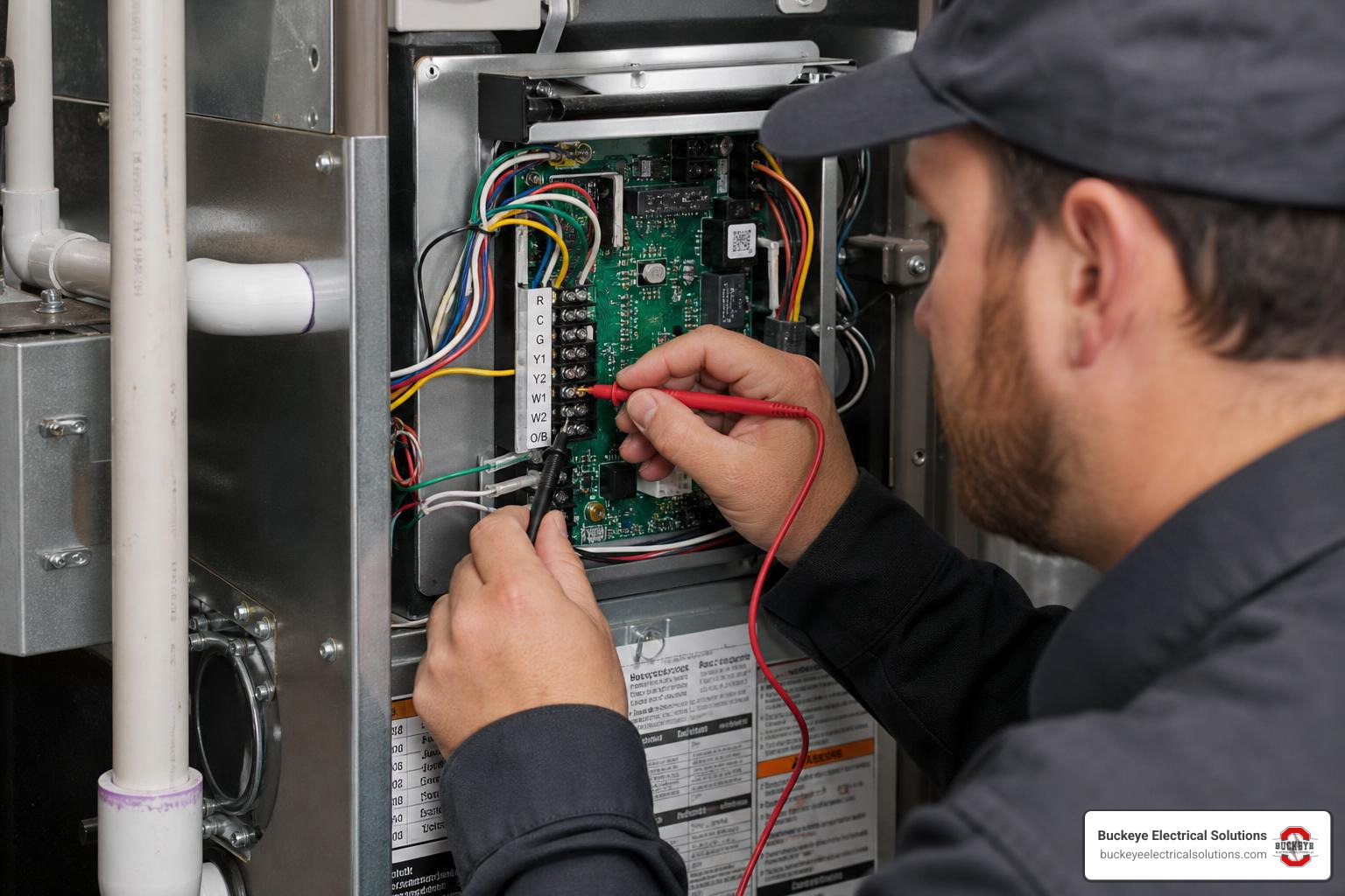 HVAC control board with low voltage thermostat wire terminals inspected by technician