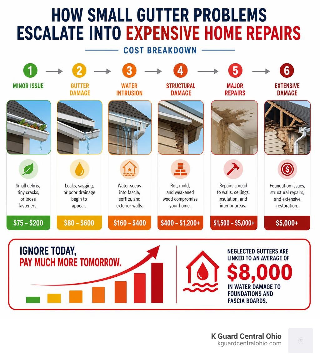 How small gutter problems escalate into expensive home repairs — cost breakdown infographic infographic