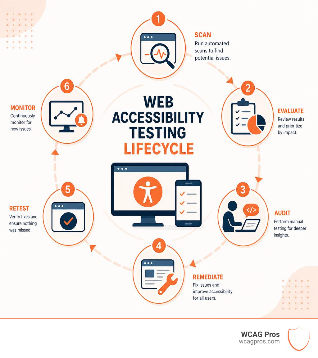 Web accessibility testing lifecycle infographic: scan, evaluate, audit, remediate, retest, monitor infographic Web accessibility testing lifecycle infographic: scan, evaluate, audit, remediate, retest, monitor infographic