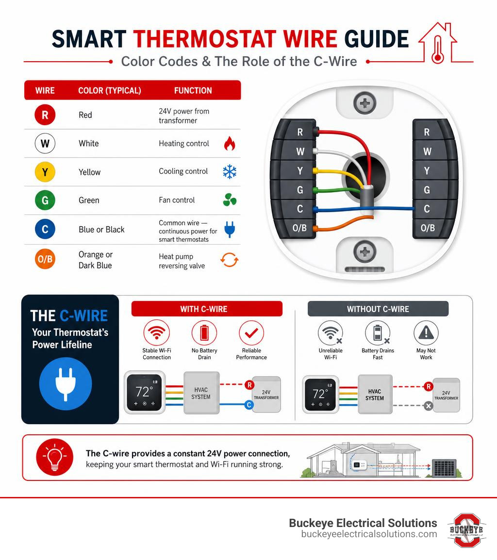 Infographic showing thermostat wire color codes and C-wire role in low-voltage HVAC control circuits infographic