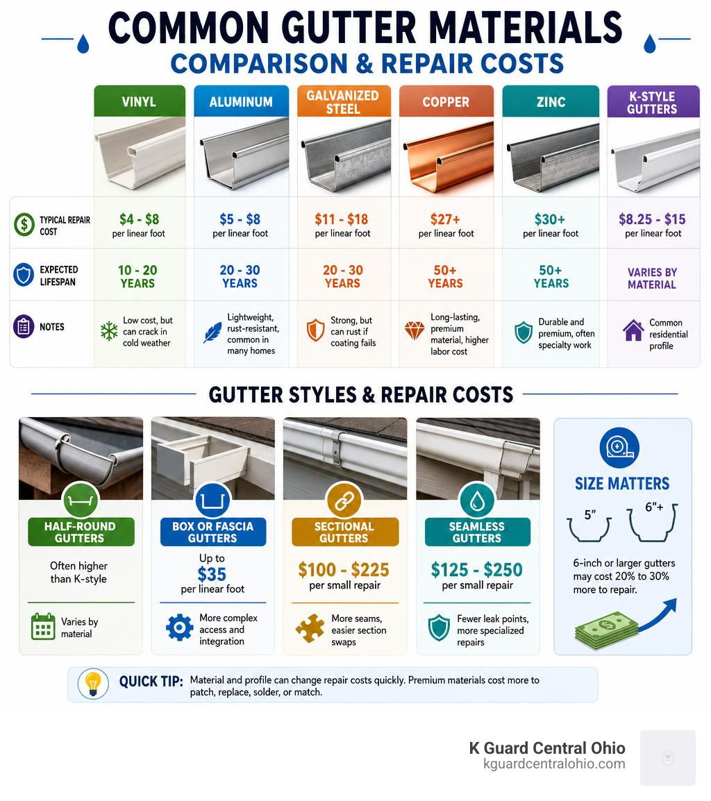 comparison of common gutter materials and repair costs infographic