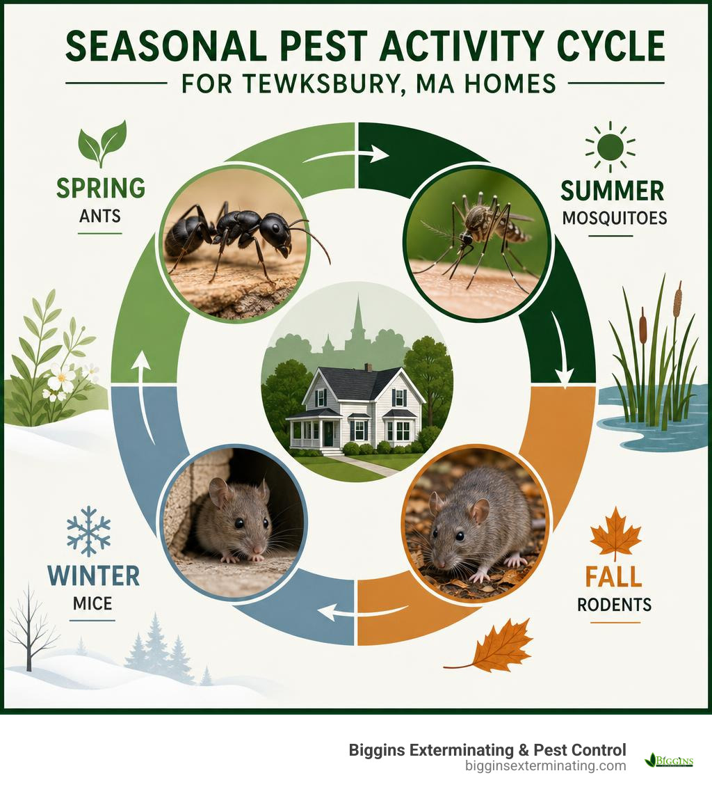 Seasonal pest activity cycle for Tewksbury MA homes showing spring ants, summer mosquitoes, fall rodents, winter mice