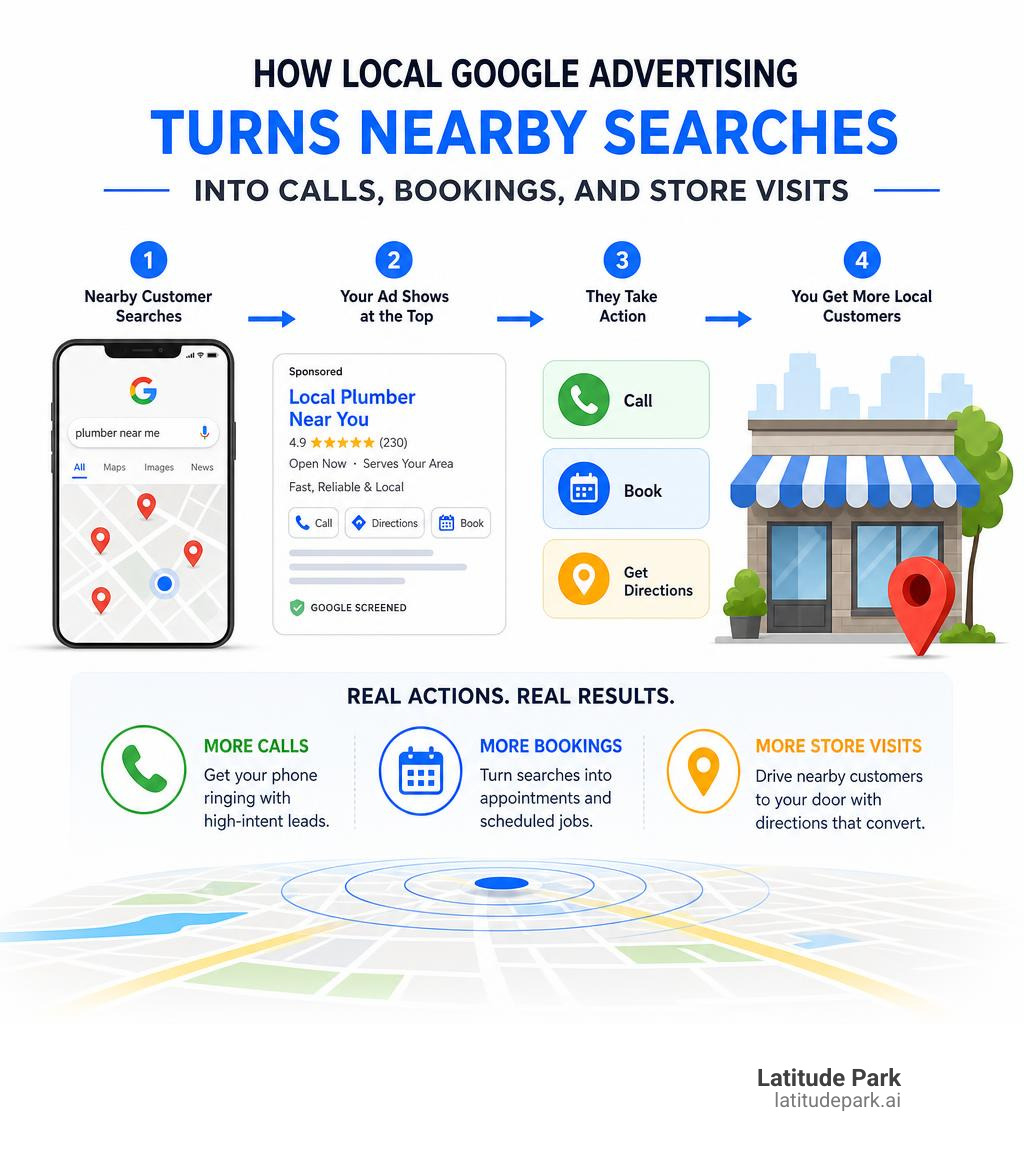 Infographic showing how local Google advertising turns nearby searches into calls, bookings, and store visits infographic Infographic showing how local Google advertising turns nearby searches into calls, bookings, and store visits infographic