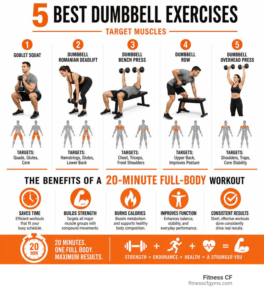 Infographic showing 5 best dumbbell exercises with target muscles and benefits of a 20-minute full-body workout infographic