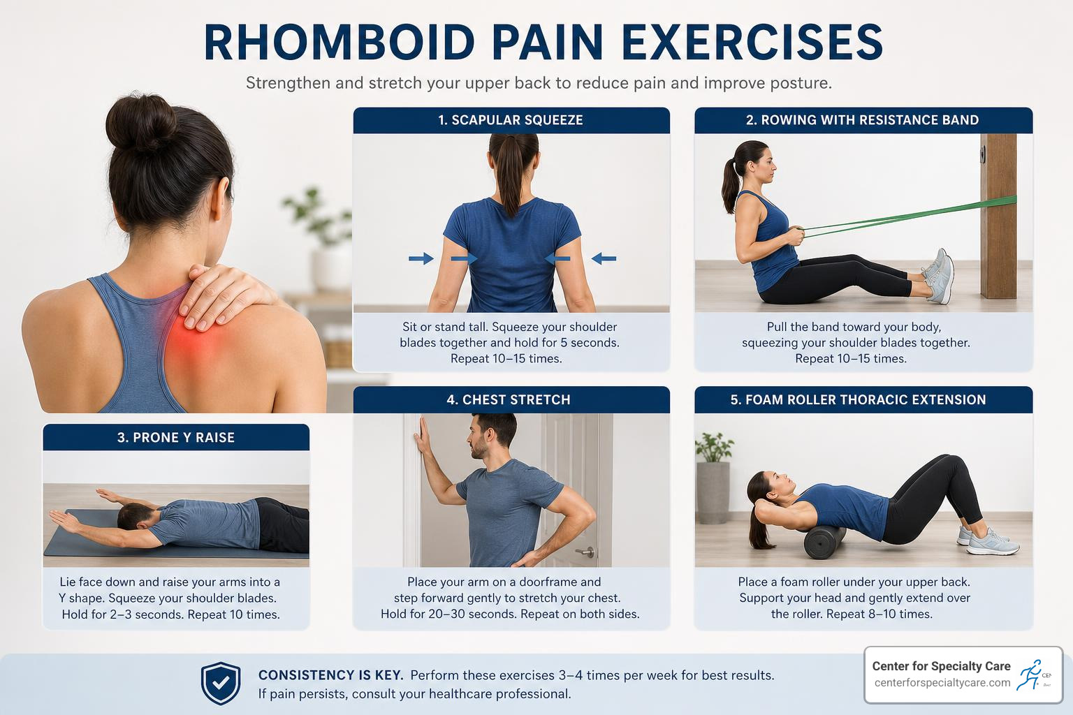 person doing upper back stretch for rhomboid pain