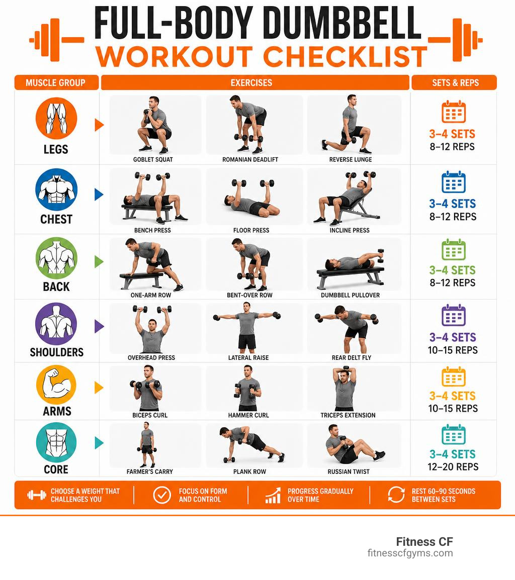 Infographic showing a full-body dumbbell workout exercises checklist organized by muscle group with sets and reps infographic Infographic showing a full-body dumbbell workout exercises checklist organized by muscle group with sets and reps infographic