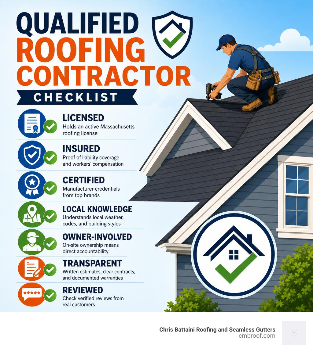 Qualified roofing contractor checklist: license, insurance, certifications, local knowledge, owner involvement, reviews