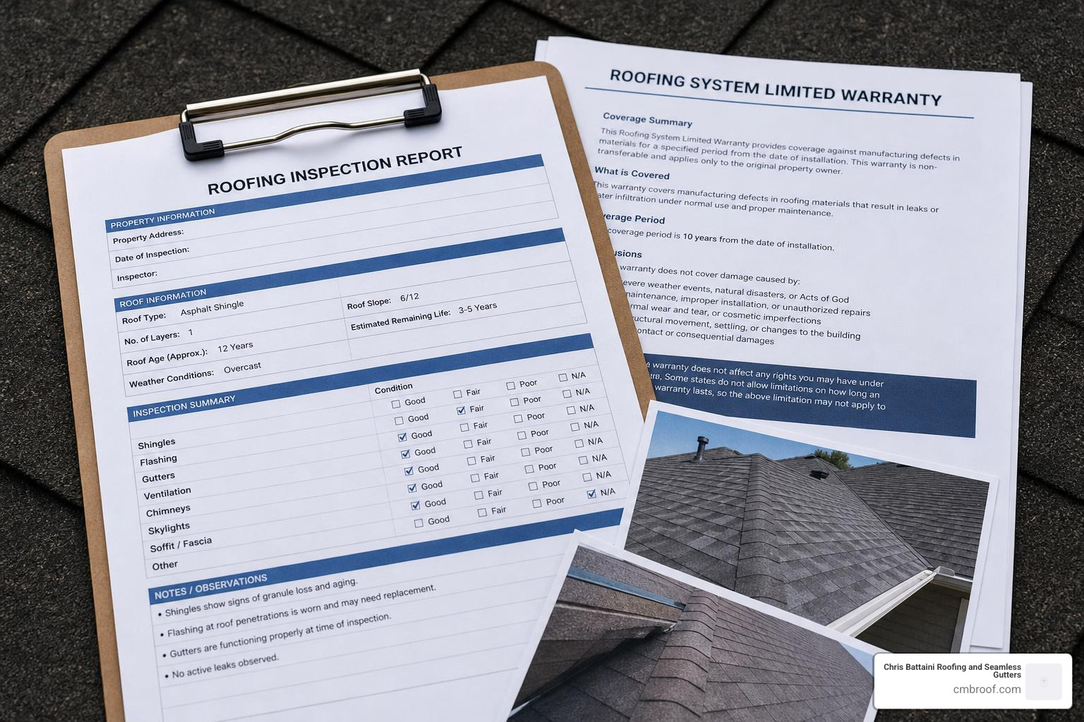unbranded roofing inspection report, warranty paperwork, and roof photos on a clipboard