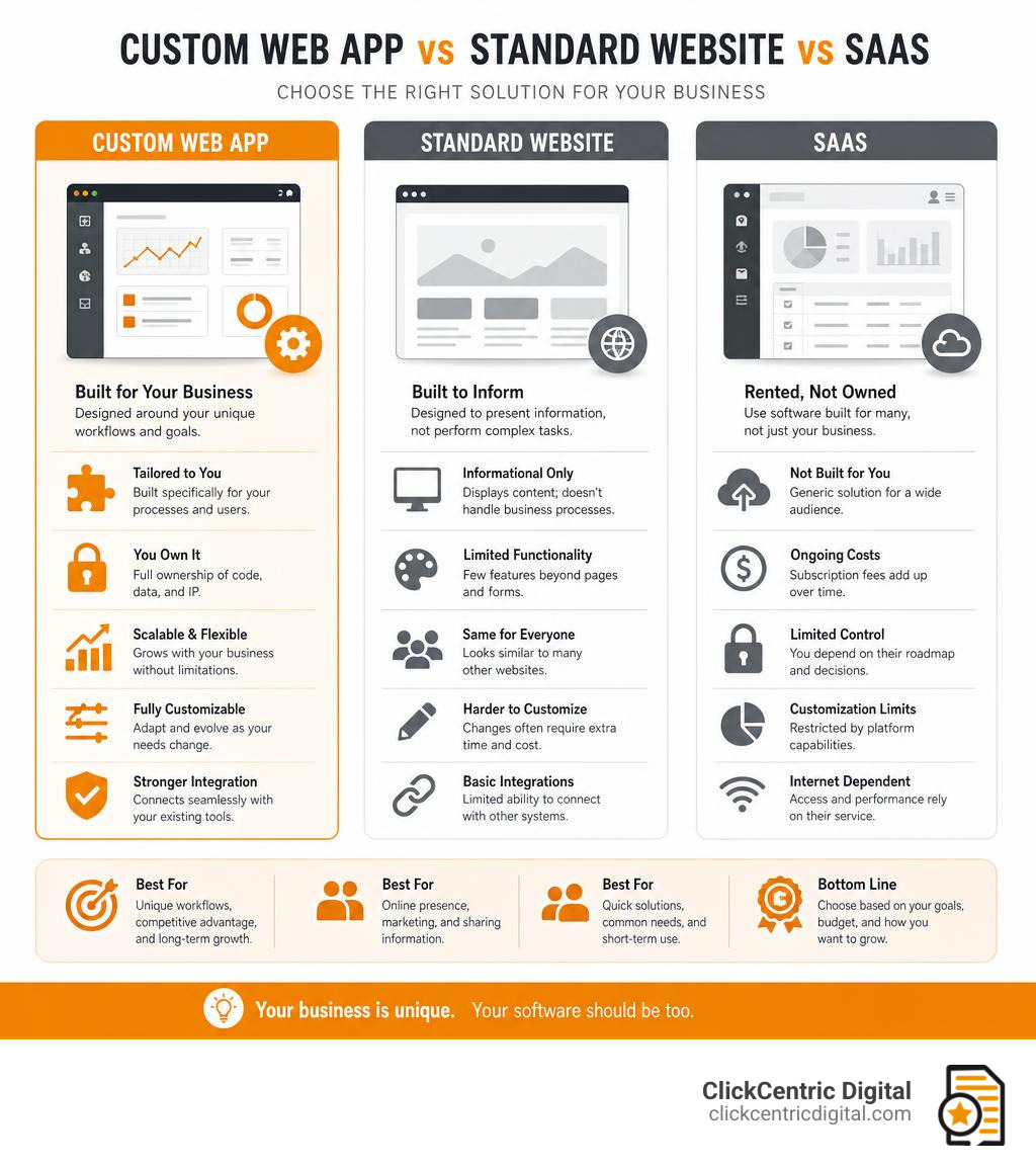 custom web app vs standard website vs SaaS comparison infographic infographic