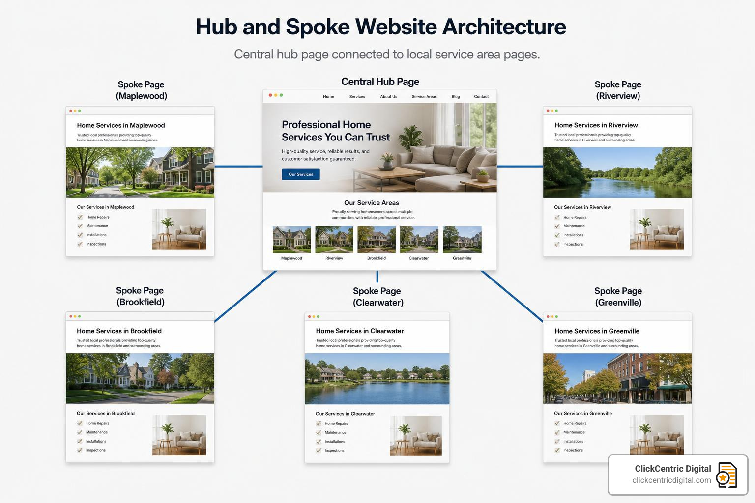 Hub and spoke local SEO site architecture