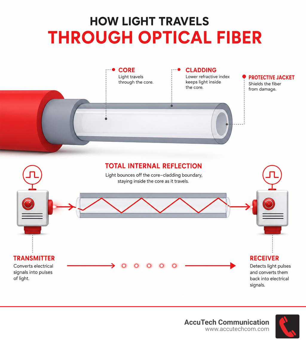 How light travels through optical fiber - core, cladding, total internal reflection, transmitter to receiver infographic