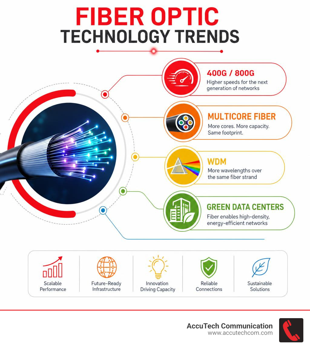 Fiber optic technology trends - 400G, 800G, multicore fiber, WDM, green data centers infographic