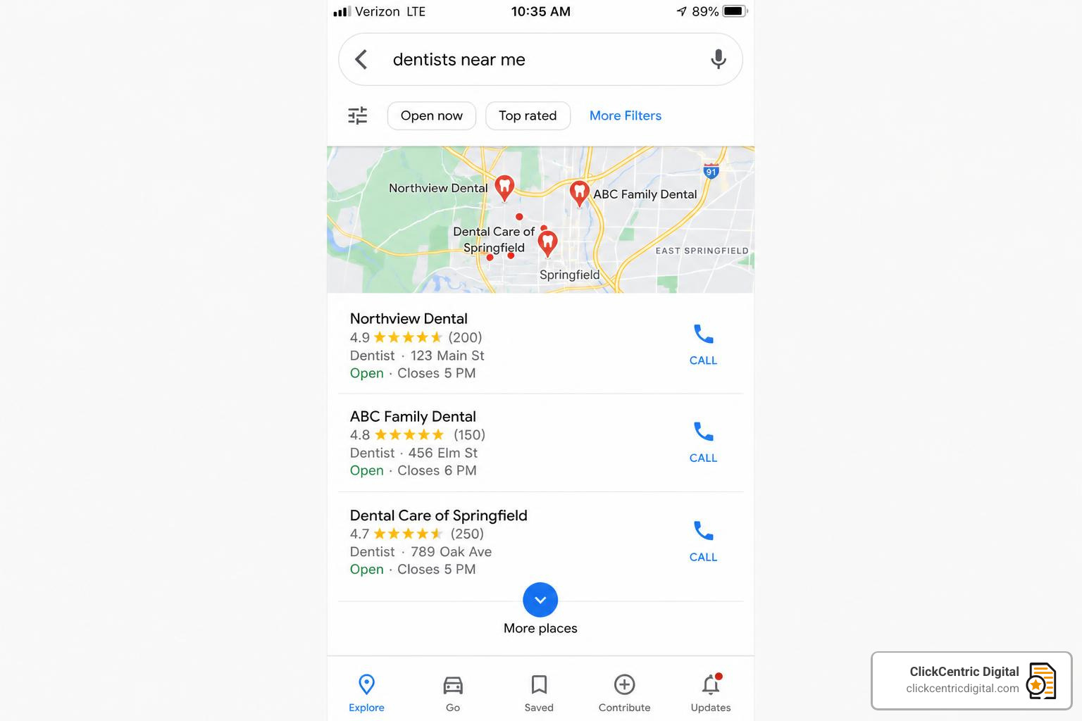 Google 3-pack local search results interface
