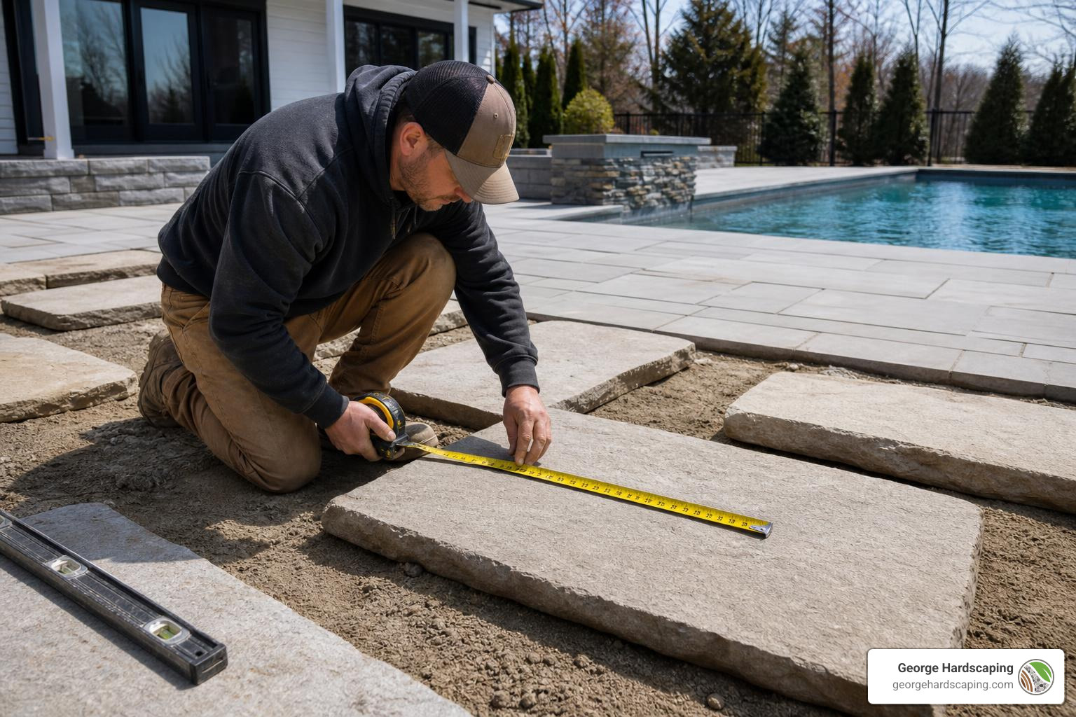 large pavers being measured beside a pool deck