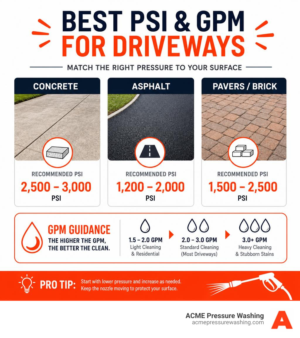Infographic showing recommended PSI ranges for concrete, asphalt, and paver driveways with GPM guidance infographic