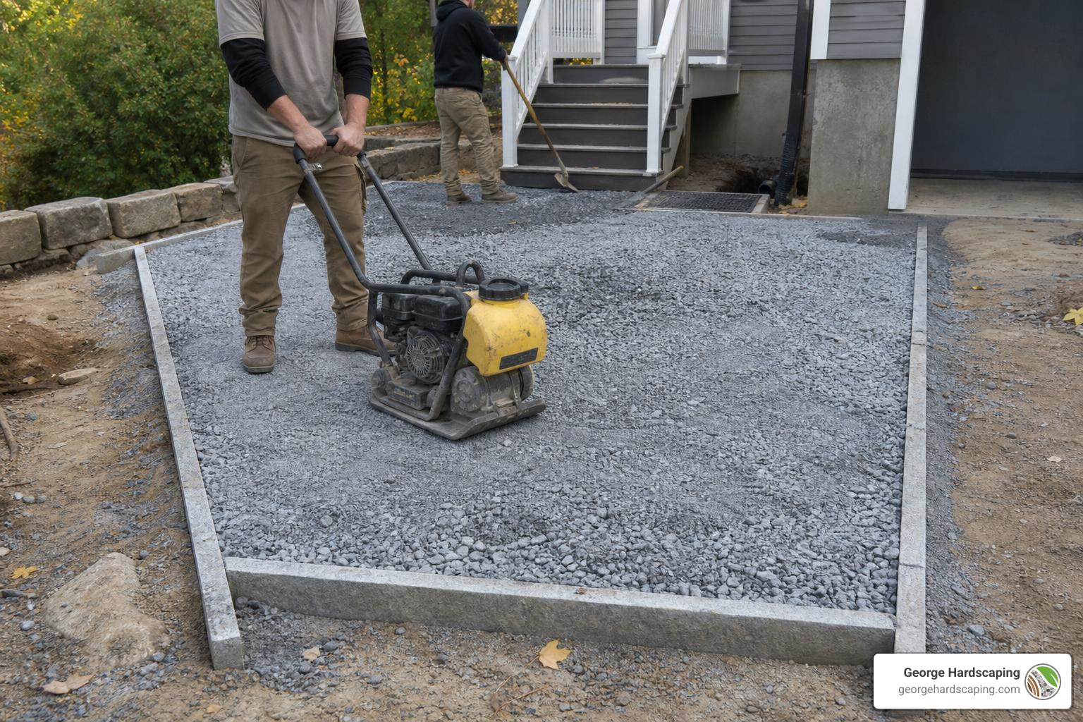 Compacted gravel base preparation for a stone patio in Lynnfield MA with no logos