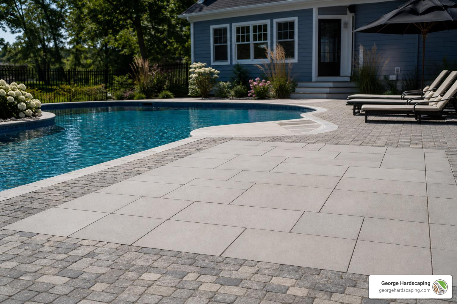 large format pavers beside smaller interlocking pavers near a pool