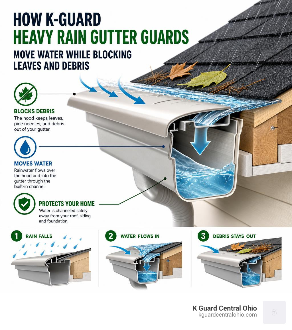 How K-Guard heavy rain gutter guards move water while blocking leaves and debris infographic infographic