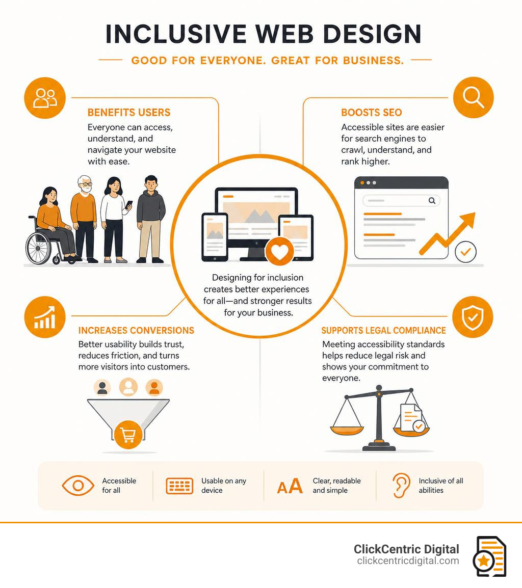 Infographic showing how inclusive web design benefits users, SEO, conversions, and legal compliance infographic Infographic showing how inclusive web design benefits users, SEO, conversions, and legal compliance infographic