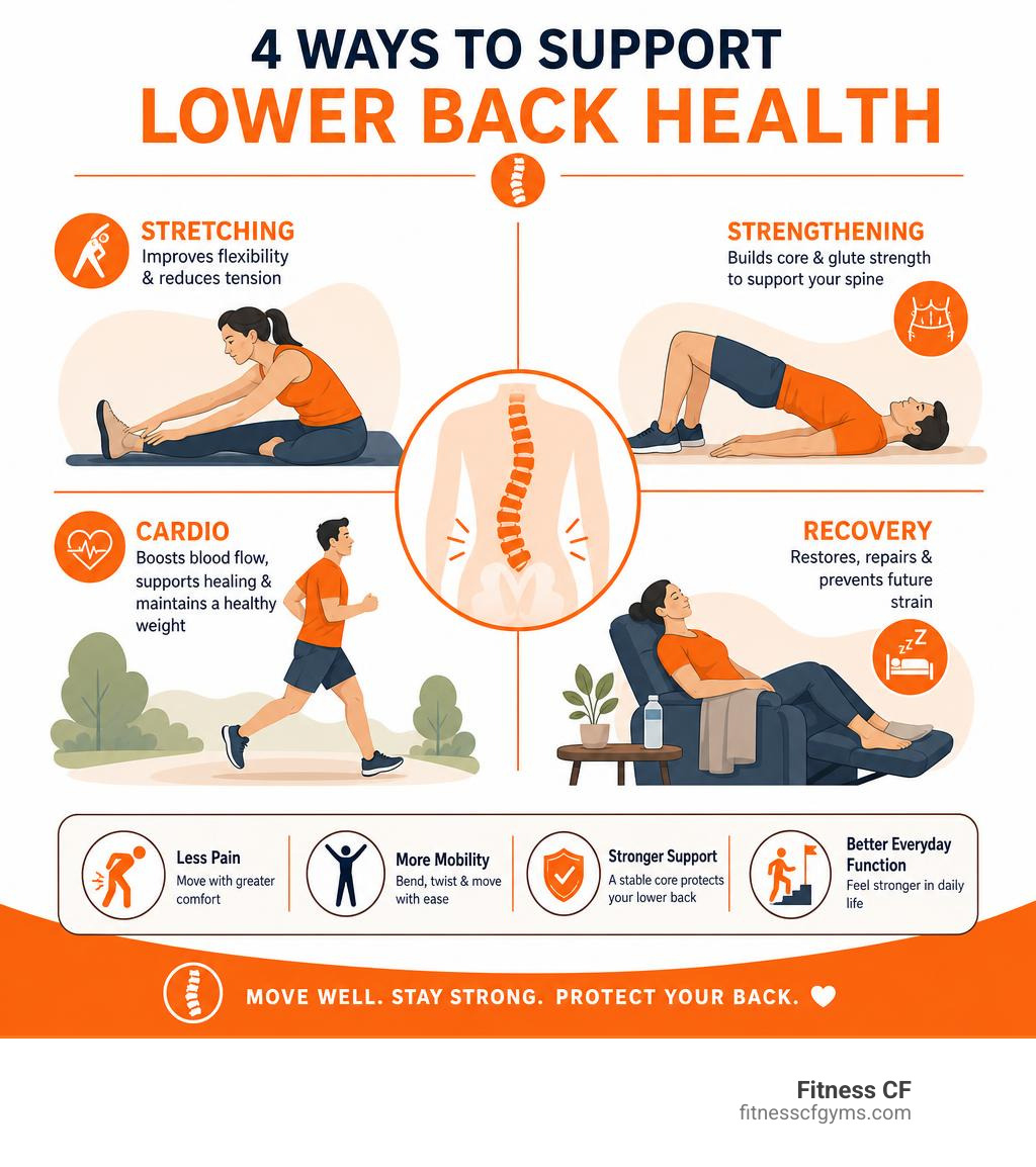 Infographic showing how stretching, strengthening, cardio, and recovery support lower back health infographic