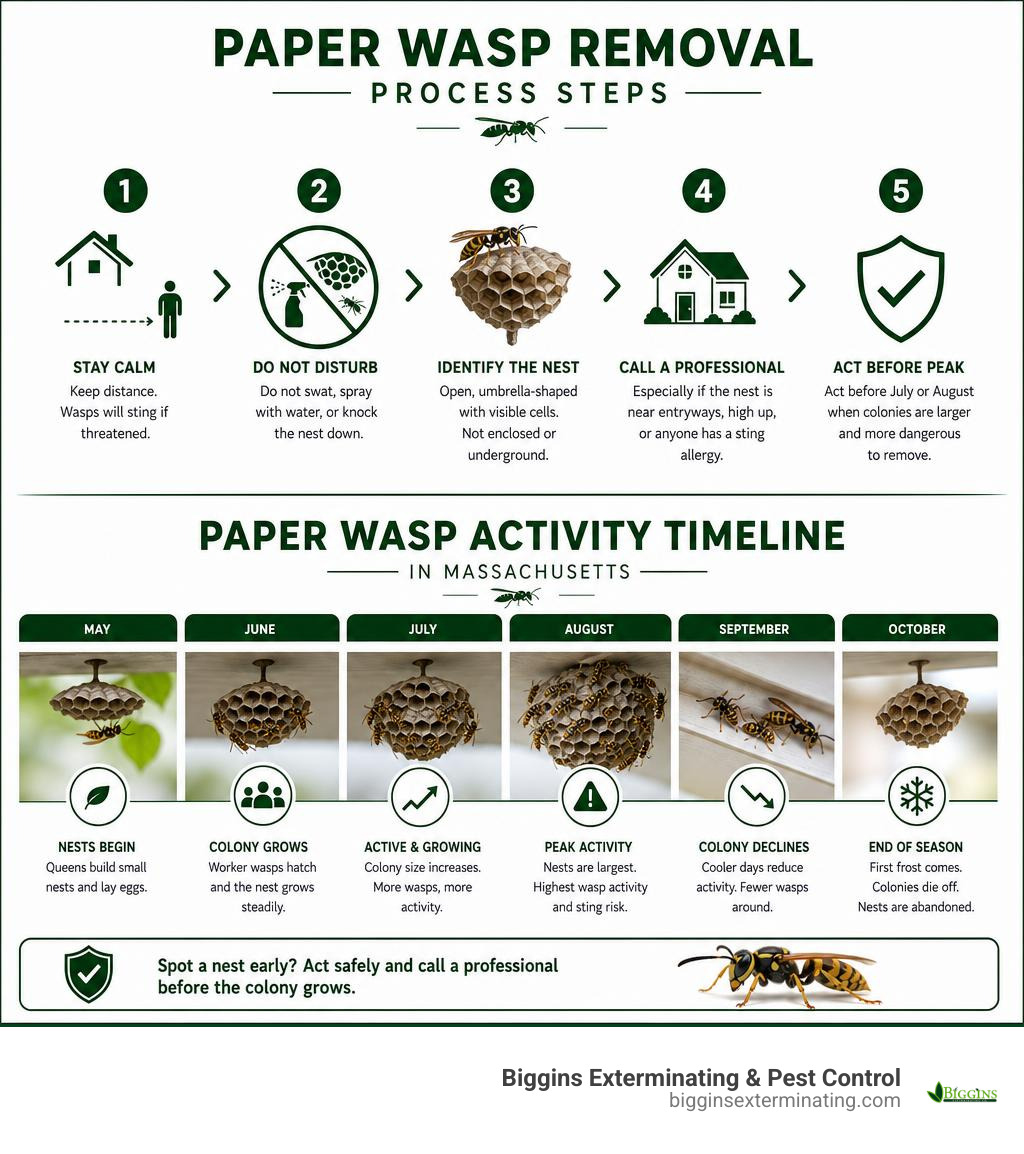 Paper wasp removal process steps and seasonal activity timeline in Massachusetts infographic