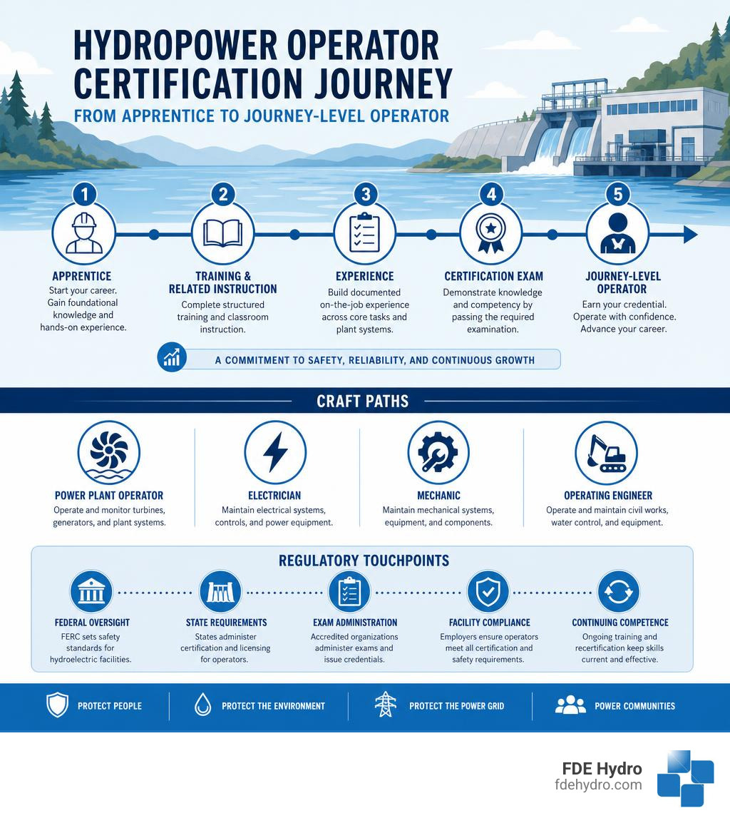 Hydropower operator certification journey: from apprentice to journey-level operator, showing key milestones, craft paths