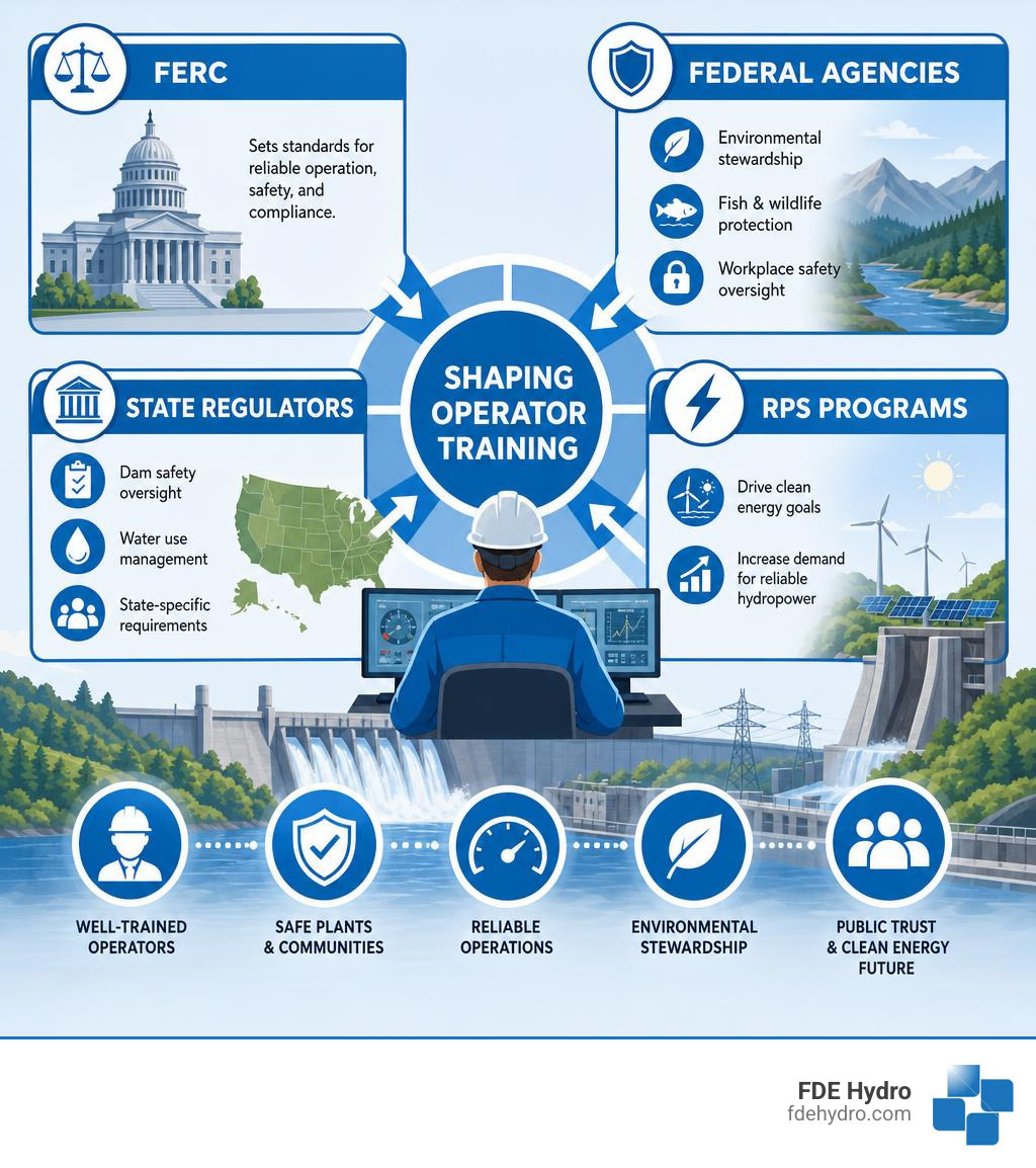 FERC, federal agencies, state regulators, dam safety, and RPS programs shaping operator training infographic