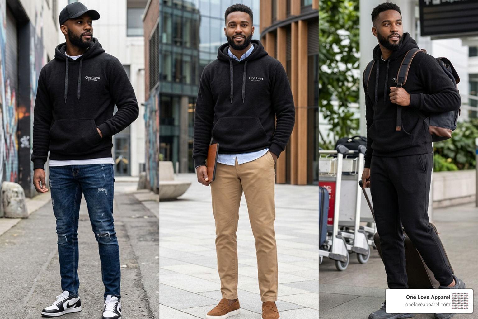 black designer hoodie styled three ways streetwear smart casual and travel