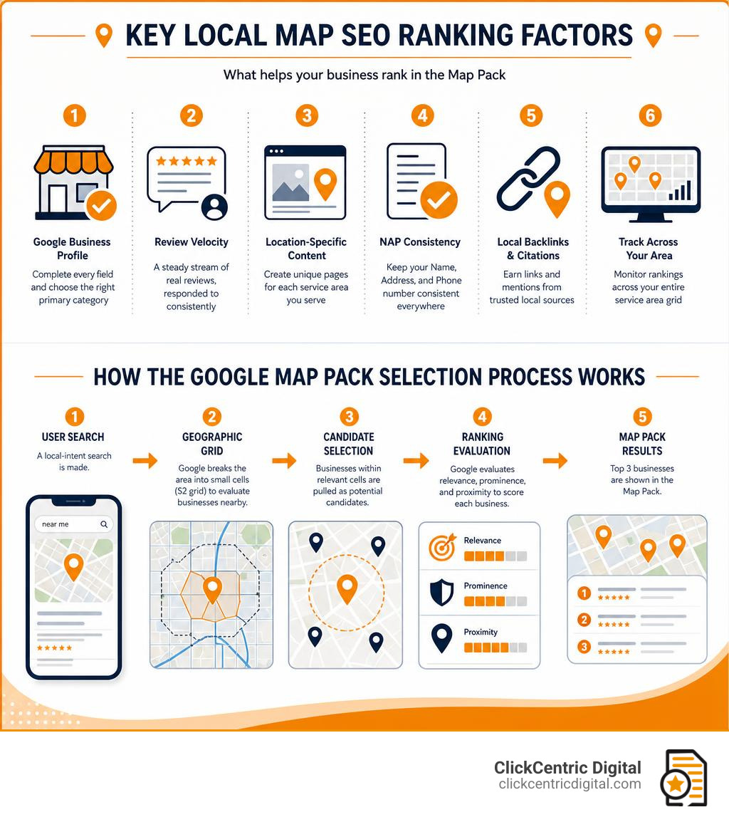Key local map SEO ranking factors and how the Google Map Pack selection process works infographic