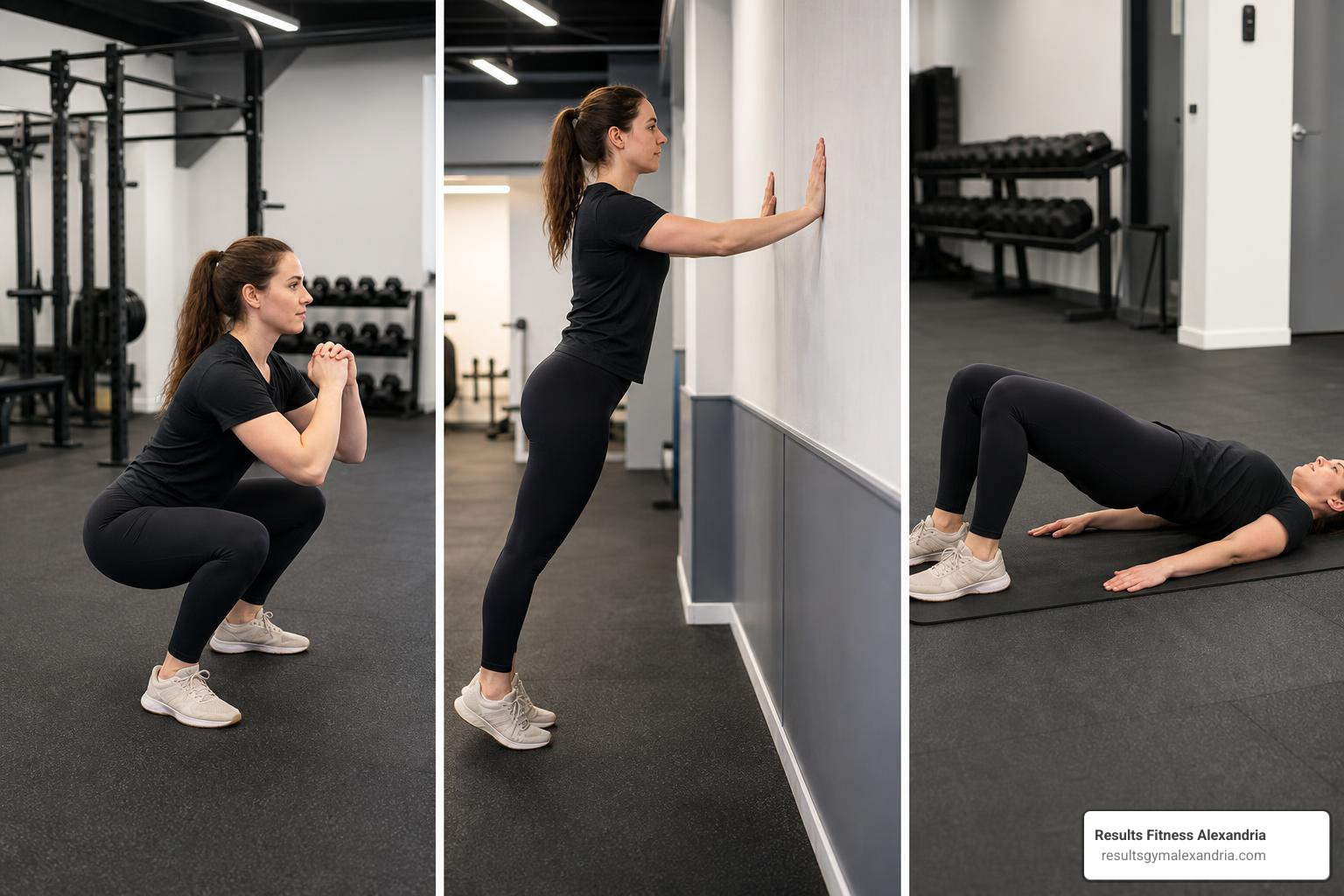 bodyweight squat wall push up glute bridge sequence