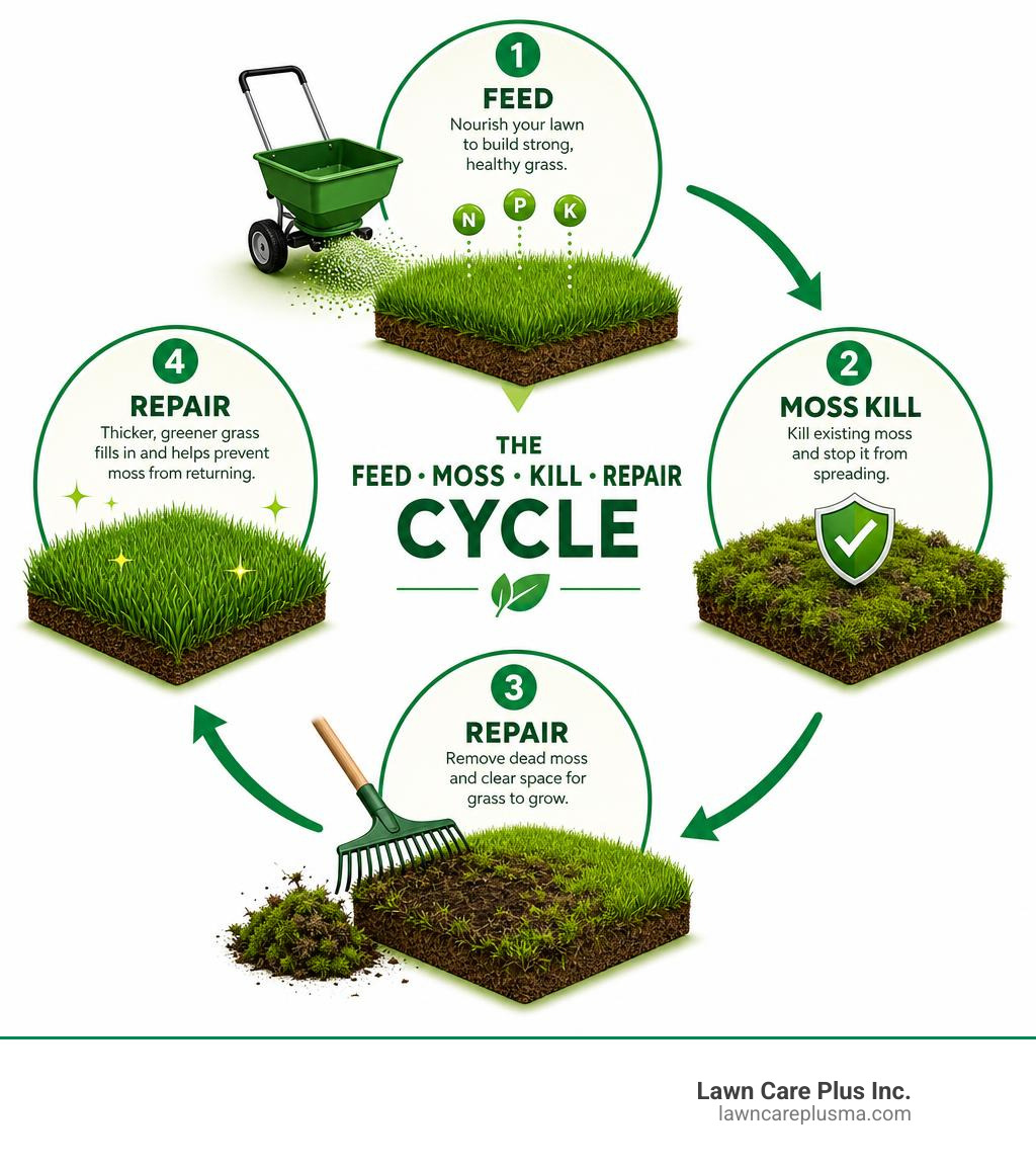 Infographic showing the feed-moss-kill-repair cycle for lawn treatment infographic Infographic showing the feed-moss-kill-repair cycle for lawn treatment infographic