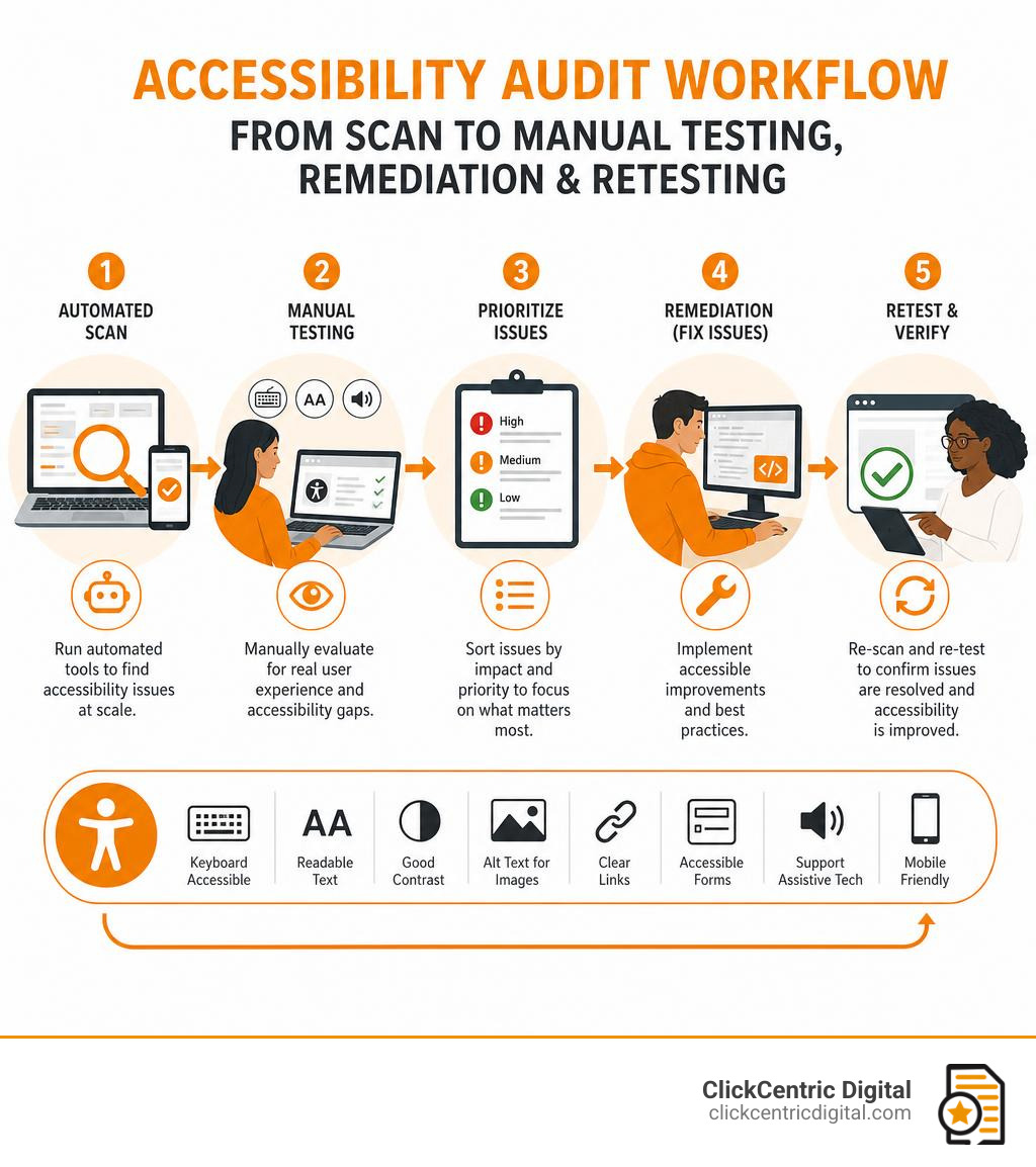 Accessibility audit workflow from scan to manual testing remediation and retesting infographic Accessibility audit workflow from scan to manual testing remediation and retesting infographic