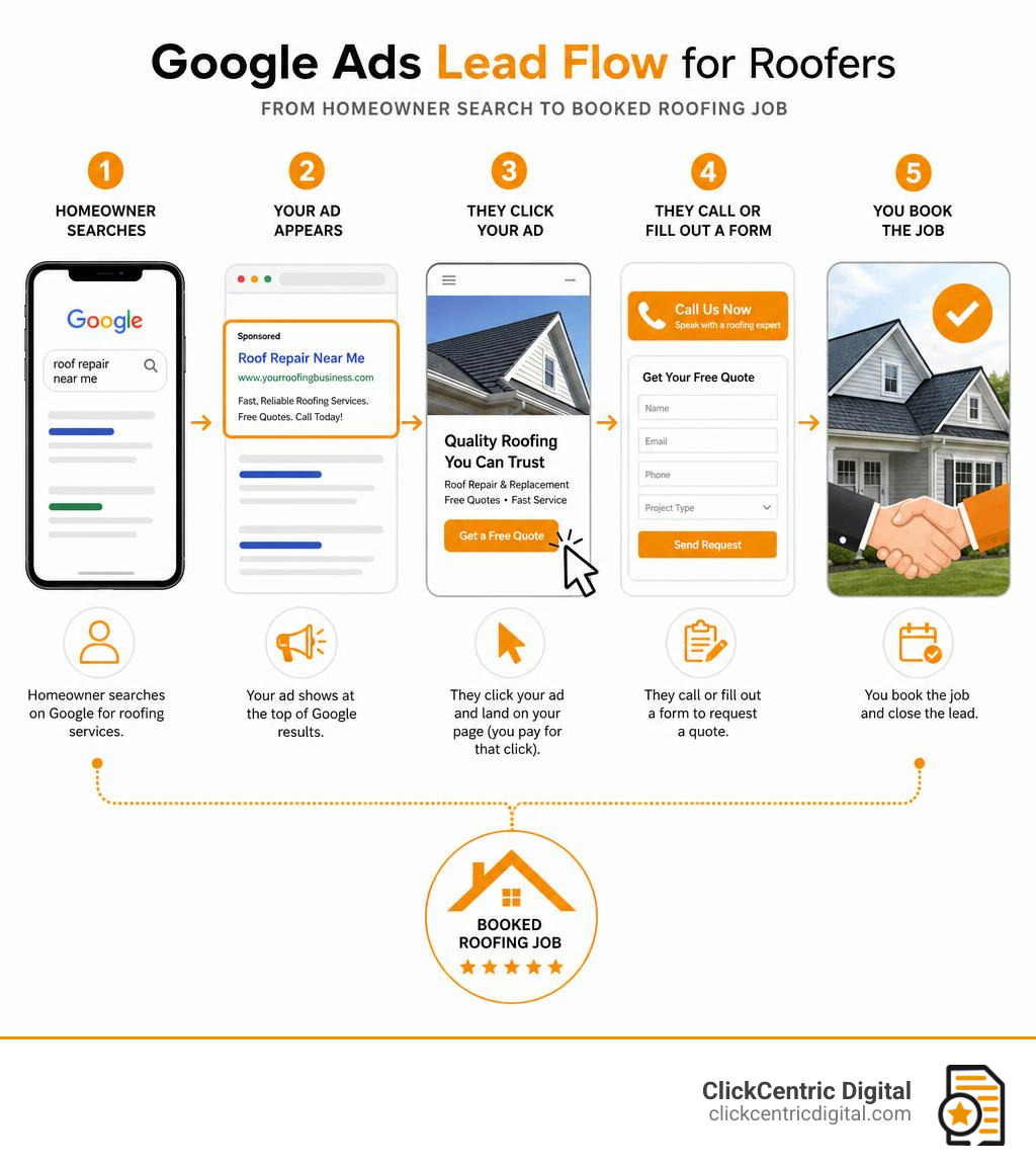 Google Ads lead flow from homeowner search query to booked roofing job infographic