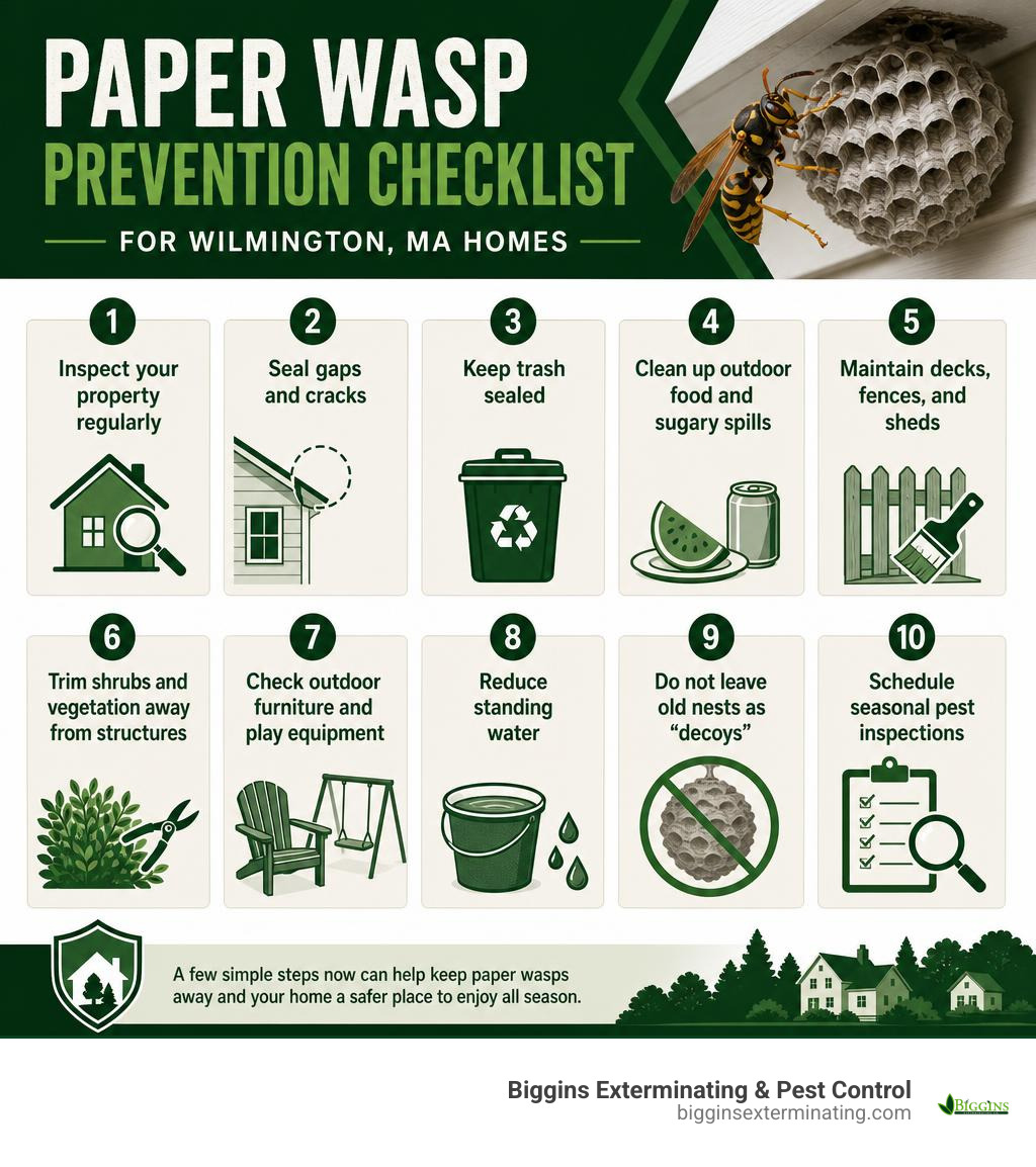 paper wasp prevention checklist for Wilmington MA homes infographic