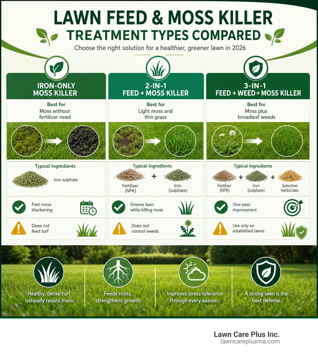 Comparison of lawn feed and moss killer treatment types infographic Comparison of lawn feed and moss killer treatment types infographic