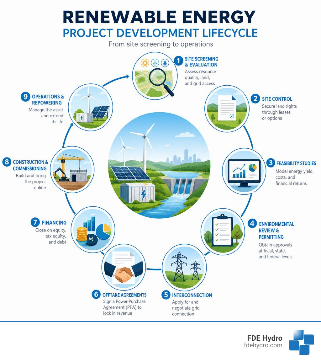 Step-by-step renewable energy project development lifecycle from site screening to operations infographic Step-by-step renewable energy project development lifecycle from site screening to operations infographic