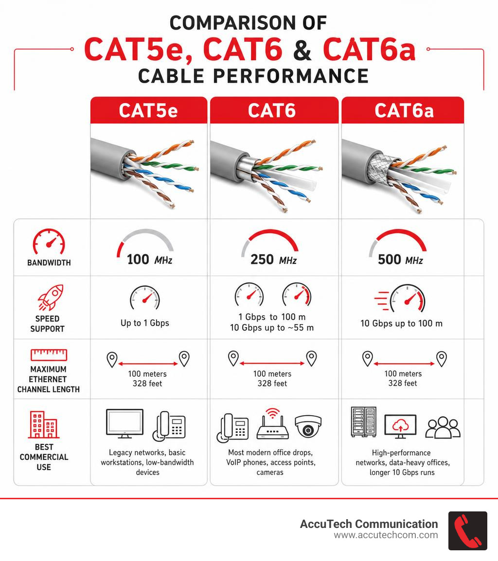 Comparison of Cat5e Cat6 and Cat6a cable performance infographic Comparison of Cat5e Cat6 and Cat6a cable performance infographic