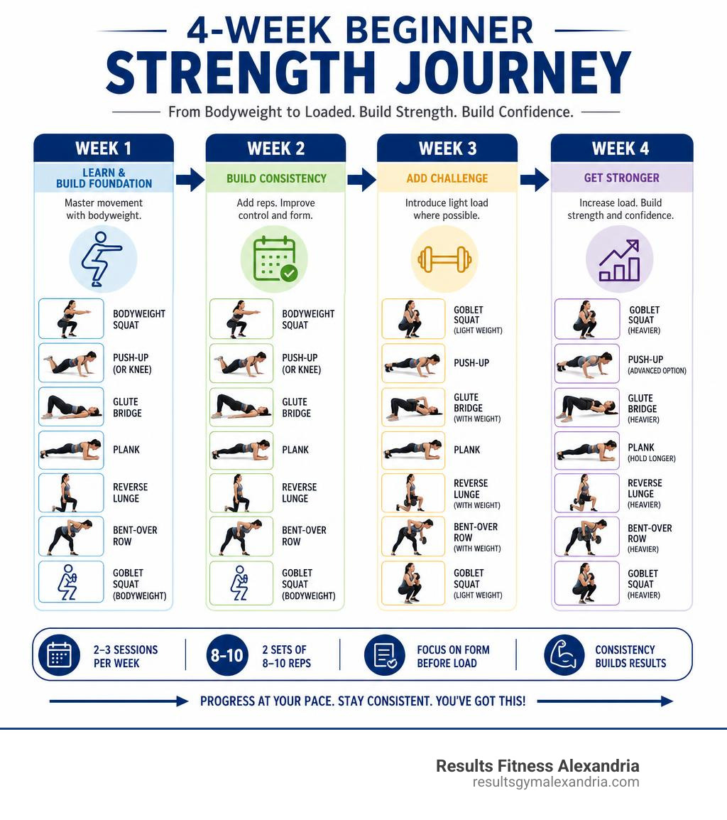 4-week beginner strength training journey infographic showing weekly progression from bodyweight to loaded exercises