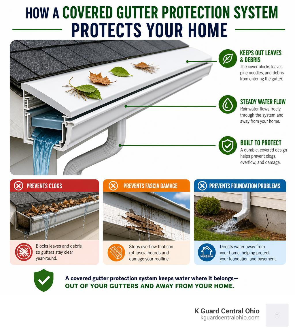 How a covered gutter protection system protects a home from clogs, fascia damage, and foundation problems infographic